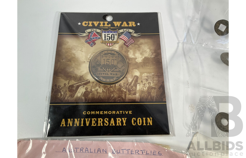 Assortment of Coins and Stamps Including German 1930's Coins and Stamps, Australian Medallions, Mint AFL Stamps,  Italian Phone Tokens, South Sumatra Pitis, USA Civil War Medallion, Vintage Wrist Watches and Bracelet