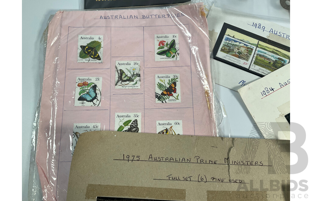 Assortment of Coins and Stamps Including German 1930's Coins and Stamps, Australian Medallions, Mint AFL Stamps,  Italian Phone Tokens, South Sumatra Pitis, USA Civil War Medallion, Vintage Wrist Watches and Bracelet