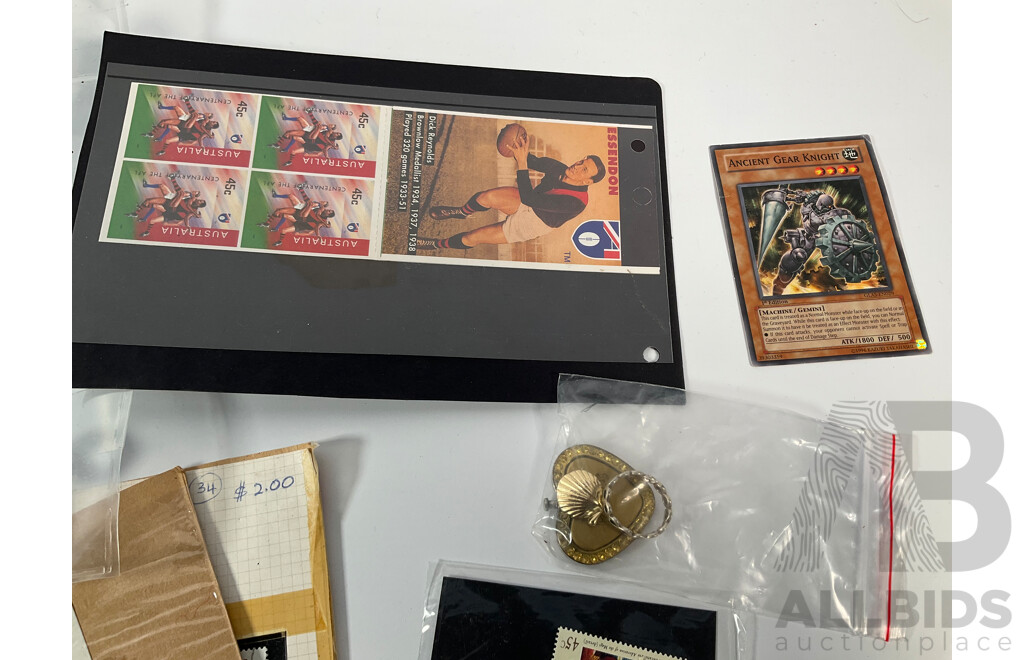 Assortment of Coins and Stamps Including German 1930's Coins and Stamps, Australian Medallions, Mint AFL Stamps,  Italian Phone Tokens, South Sumatra Pitis, USA Civil War Medallion, Vintage Wrist Watches and Bracelet