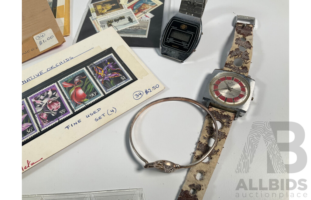 Assortment of Coins and Stamps Including German 1930's Coins and Stamps, Australian Medallions, Mint AFL Stamps,  Italian Phone Tokens, South Sumatra Pitis, USA Civil War Medallion, Vintage Wrist Watches and Bracelet