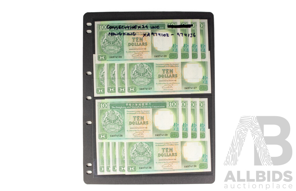 Collection of Hong Kong Banknotes Including 1991/92 Ten and Twenty Dollar Consecutives and KGVI/QE2 One Cents