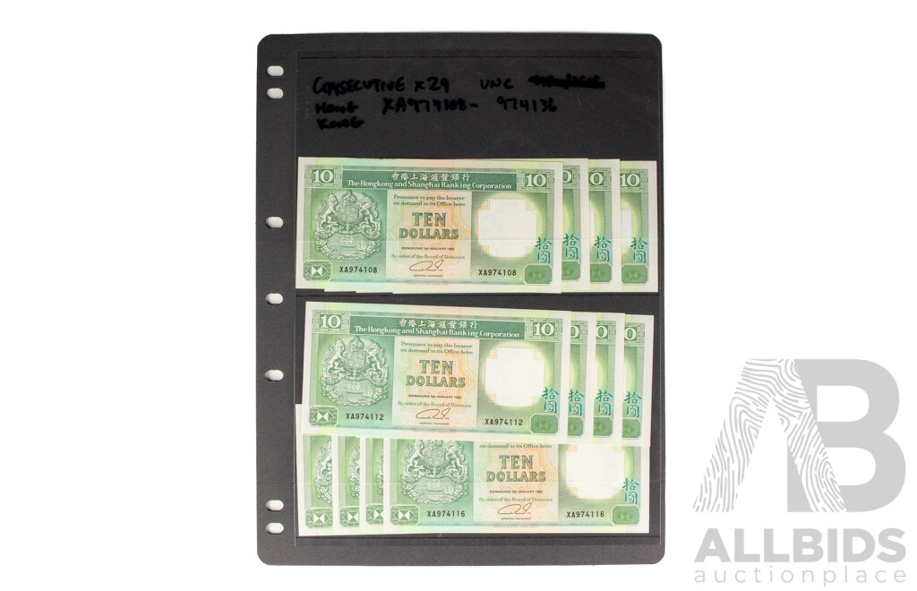 Collection of Hong Kong Banknotes Including 1991/92 Ten and Twenty Dollar Consecutives and KGVI/QE2 One Cents