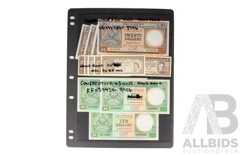 Collection of Hong Kong Banknotes Including 1991/92 Ten and Twenty Dollar Consecutives and KGVI/QE2 One Cents