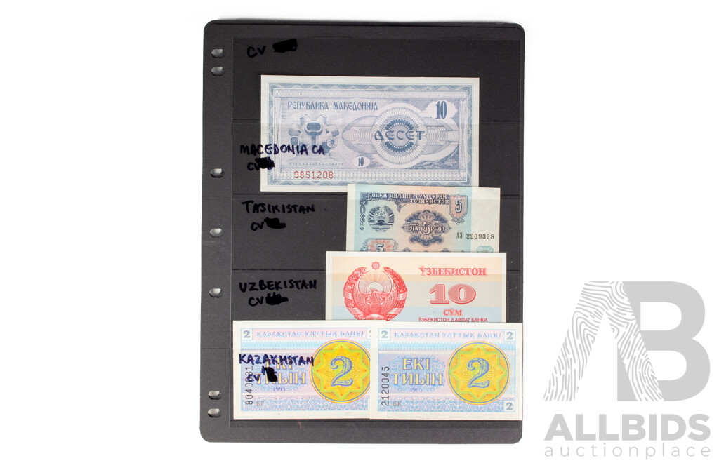 Collection of International Banknotes Including Belarus, Macedonia, Uzbekistan, Kazakhstan
