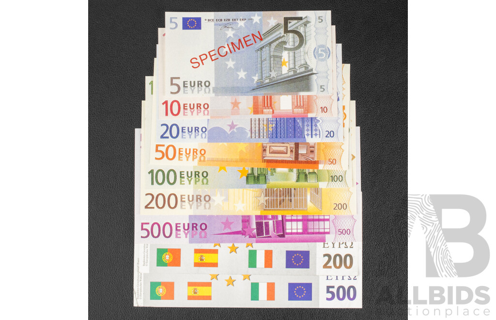 Collection of Euro Specimen Paper Notes, Five Euro to Five Hundred Euro