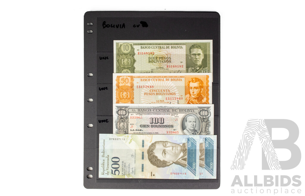 Collection of International Banknotes Including Bolivia, Chile, Transnistria, Lithuania, Paraguay