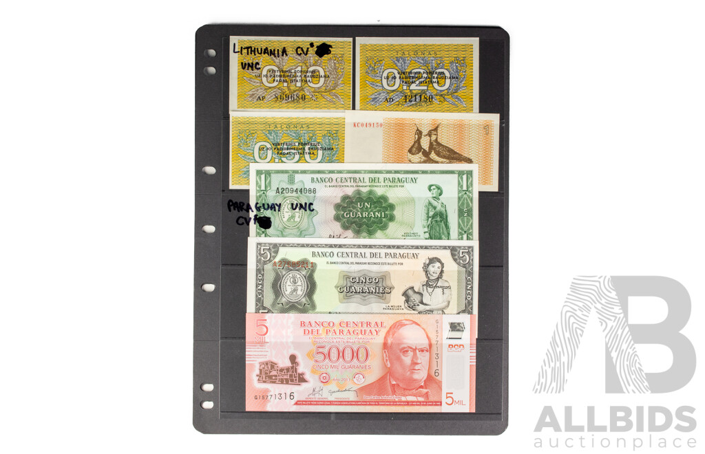 Collection of International Banknotes Including Bolivia, Chile, Transnistria, Lithuania, Paraguay