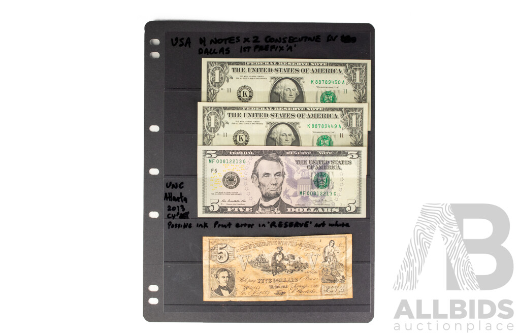 Two USA Dallas 1977 One Dollar Notes, Consecutive  K 88789449A - K 88789450A, 2013 Five Dollar, Confederate States 1861 Five Dollar Note