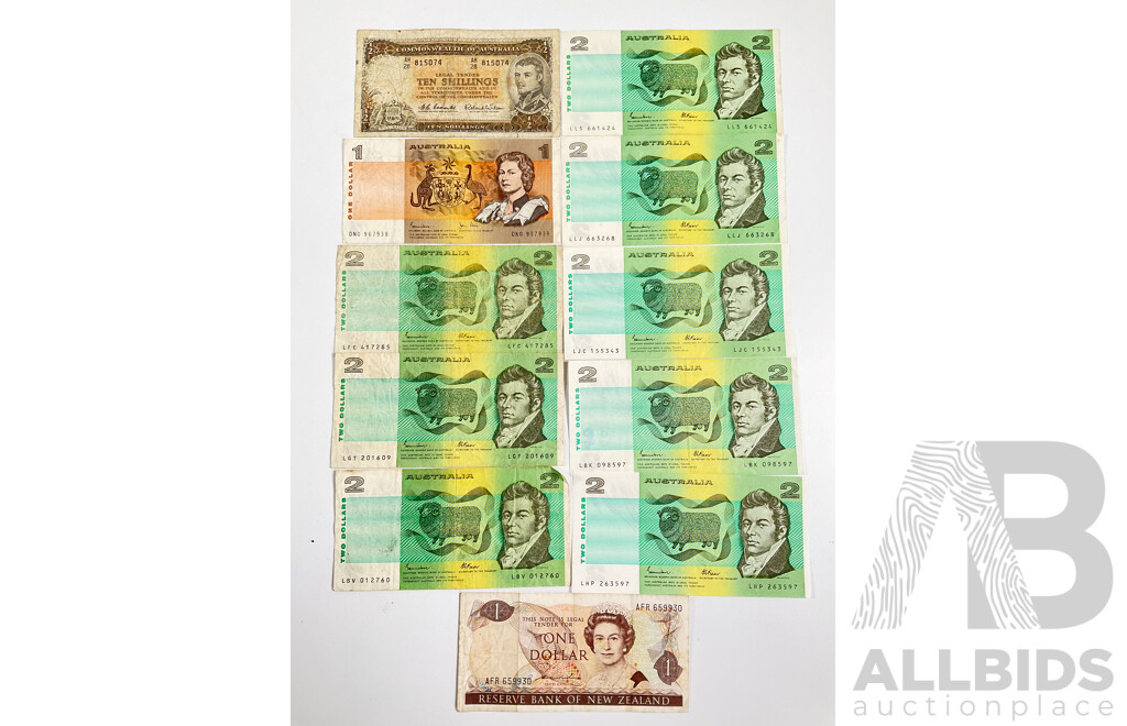 Collection of Australian Banknotes Including 1961 Ten Shillings, Coombs/Wilson, 1982 One Dollar, Johnston/Stone, Eight 1985 Two Dollars Johnston/Fraser, New Zealand QE2 One Dollar Note