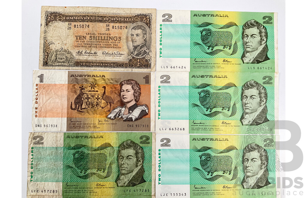 Collection of Australian Banknotes Including 1961 Ten Shillings, Coombs/Wilson, 1982 One Dollar, Johnston/Stone, Eight 1985 Two Dollars Johnston/Fraser, New Zealand QE2 One Dollar Note