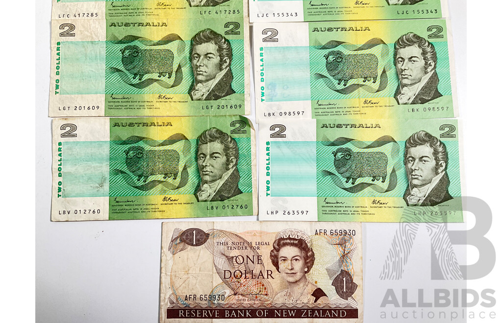 Collection of Australian Banknotes Including 1961 Ten Shillings, Coombs/Wilson, 1982 One Dollar, Johnston/Stone, Eight 1985 Two Dollars Johnston/Fraser, New Zealand QE2 One Dollar Note