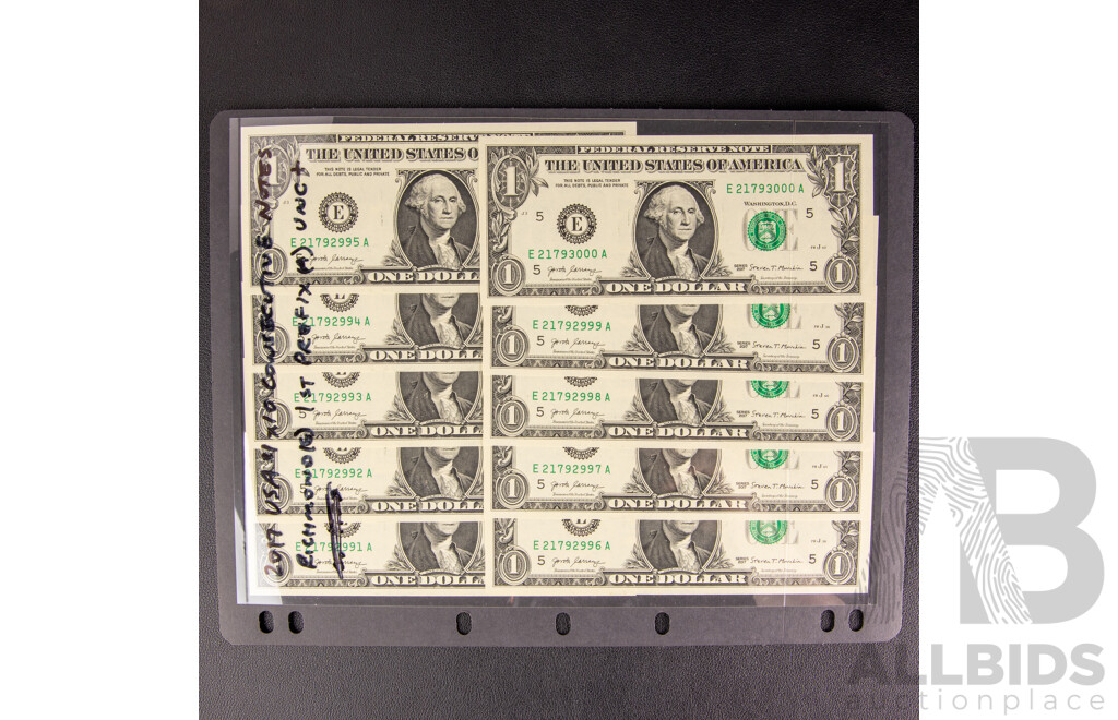 Ten USA 2017 One Dollar Banknotes, Federal Reserve Richmond District, Consecutive E 21792991A - E 21793000A