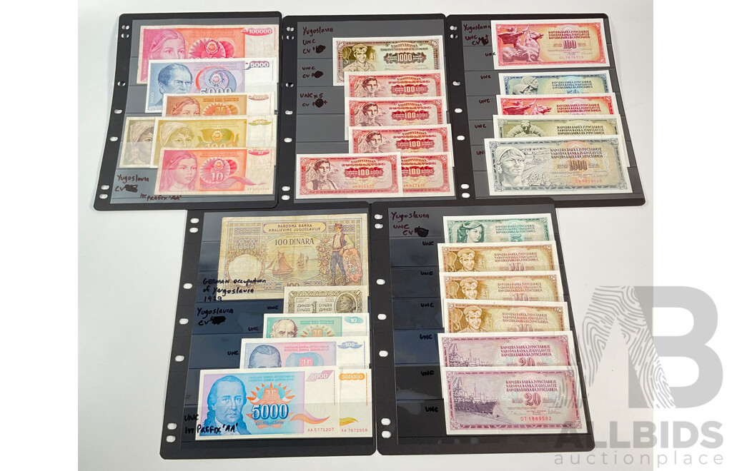 Collection of Yugoslavia Banknotes, Mostly UNC Including 1929 German Occupation