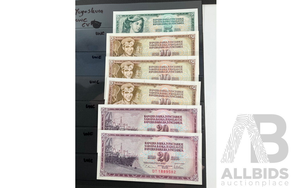 Collection of Yugoslavia Banknotes, Mostly UNC Including 1929 German Occupation
