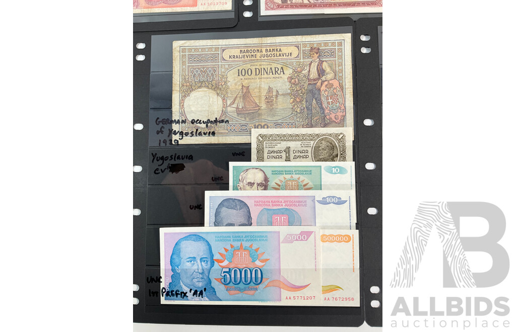 Collection of Yugoslavia Banknotes, Mostly UNC Including 1929 German Occupation