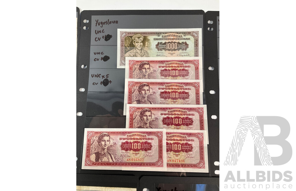 Collection of Yugoslavia Banknotes, Mostly UNC Including 1929 German Occupation