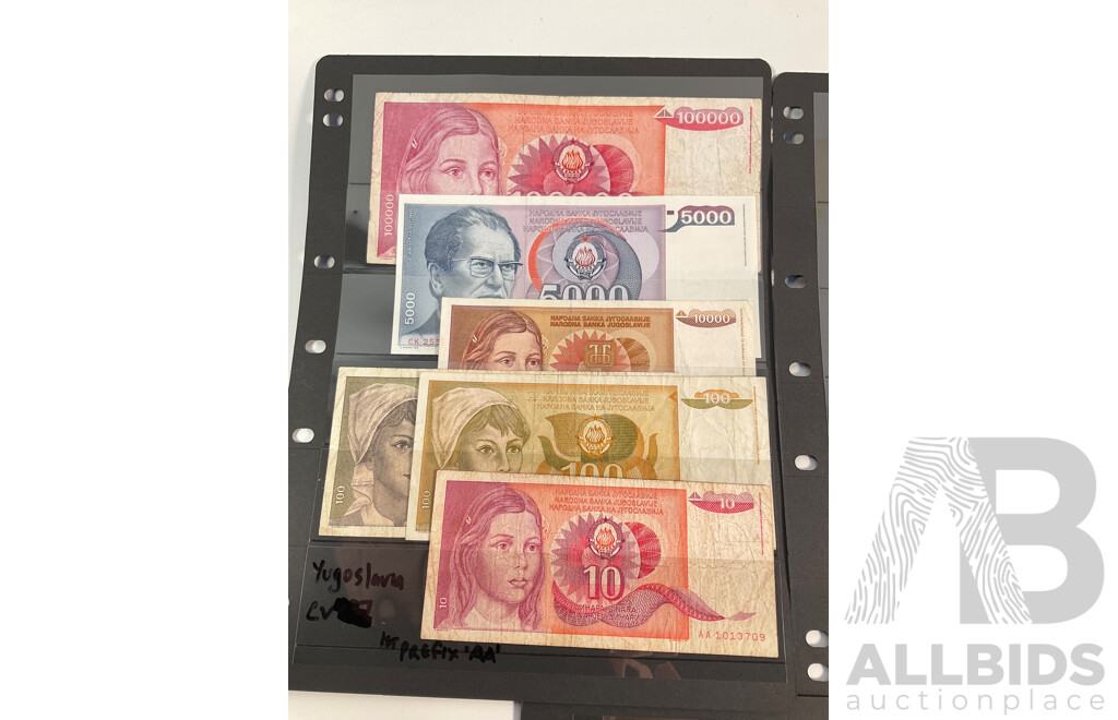 Collection of Yugoslavia Banknotes, Mostly UNC Including 1929 German Occupation