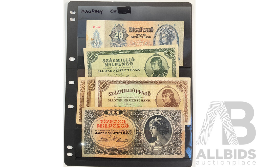 Collection of Vintage Hungary Banknotes Including 1946 Hyperinflation One Hundred and Ten Million Pengos