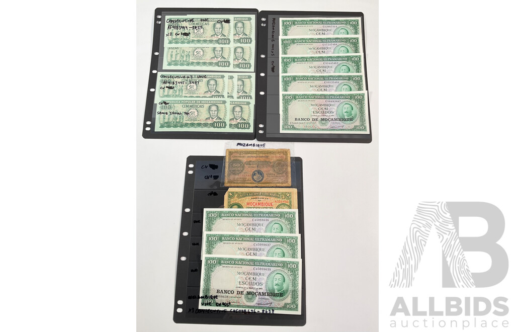 Collection of Mozambique Banknotes Including UNC, 1961 and 1980 Consecutives, 1914 Fifty Centavos