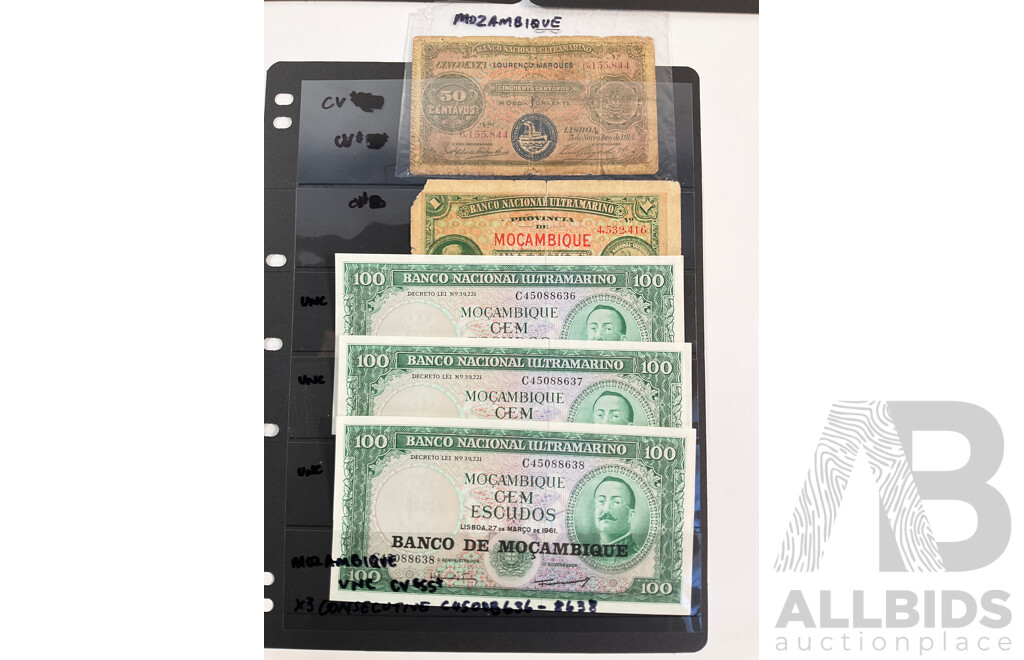 Collection of Mozambique Banknotes Including UNC, 1961 and 1980 Consecutives, 1914 Fifty Centavos