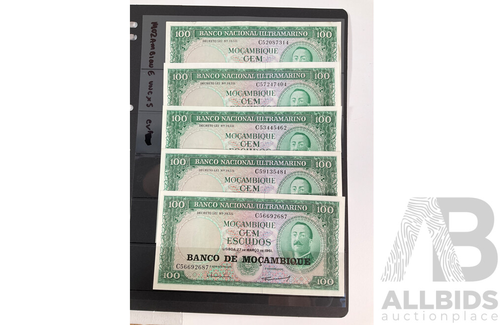 Collection of Mozambique Banknotes Including UNC, 1961 and 1980 Consecutives, 1914 Fifty Centavos