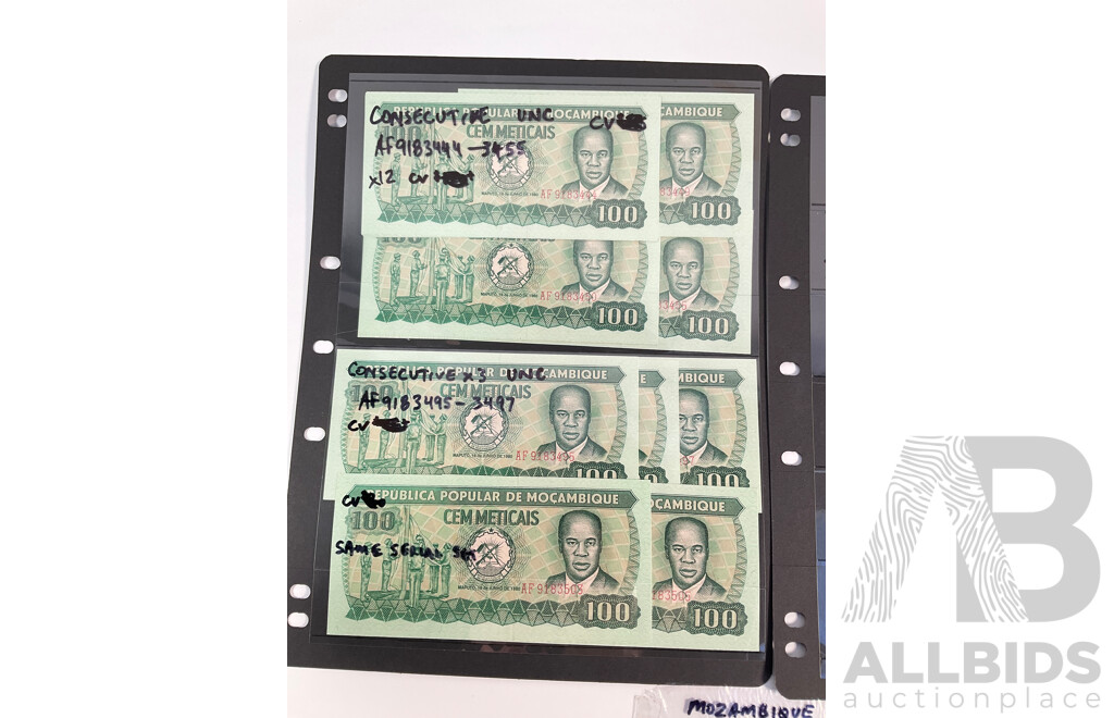 Collection of Mozambique Banknotes Including UNC, 1961 and 1980 Consecutives, 1914 Fifty Centavos