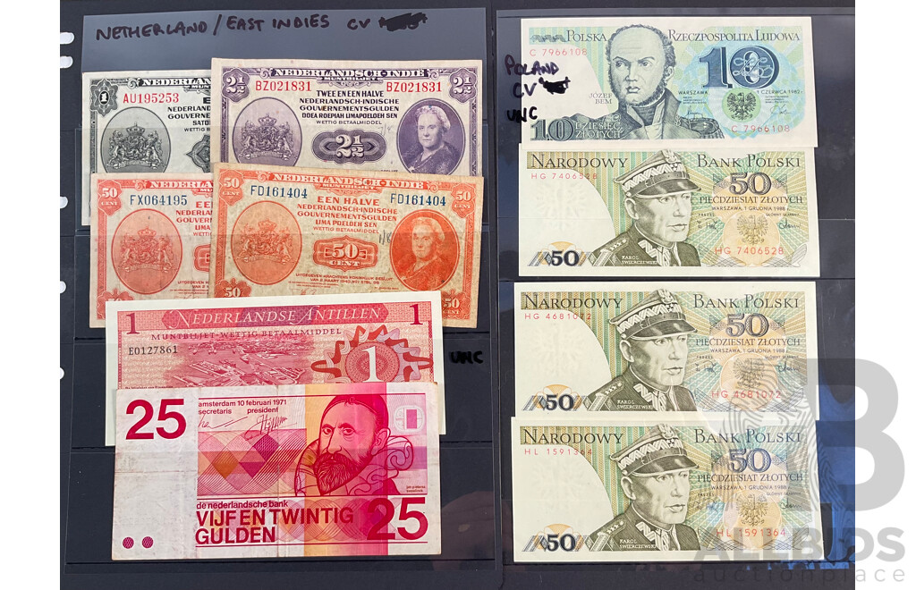 Collection of Netherlands, East Indies and UNC Poland Banknotes Spanning 1940's to 1980's