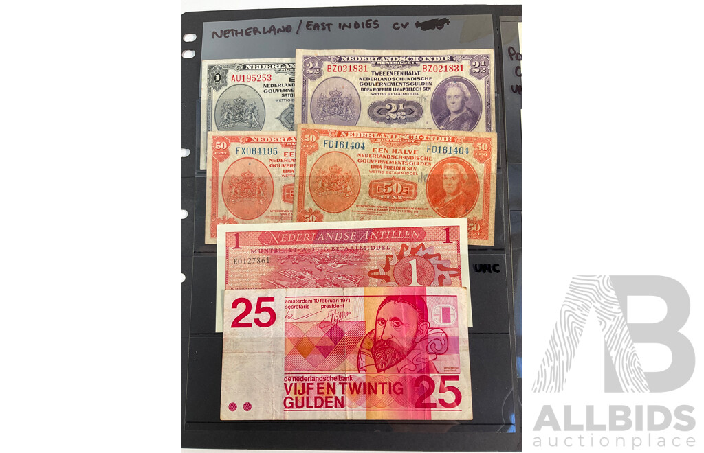 Collection of Netherlands, East Indies and UNC Poland Banknotes Spanning 1940's to 1980's