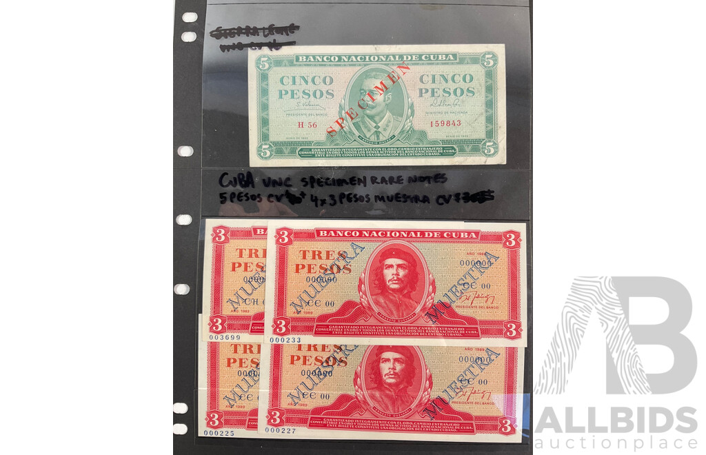 Five Cuban Specimen Banknotes Including 1965 Five Pesos and Four 1989 Three Pesos