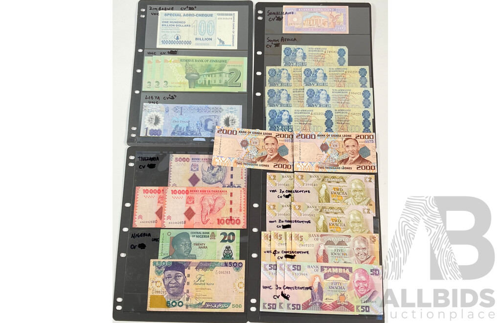 Collection of African Banknotes Including Zambia, Tanzania, Nigeria, Somalia, Zimbabwe, South Africa, Sierra Leone, Libya, UNC and Consecutive