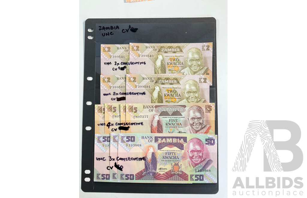 Collection of African Banknotes Including Zambia, Tanzania, Nigeria, Somalia, Zimbabwe, South Africa, Sierra Leone, Libya, UNC and Consecutive