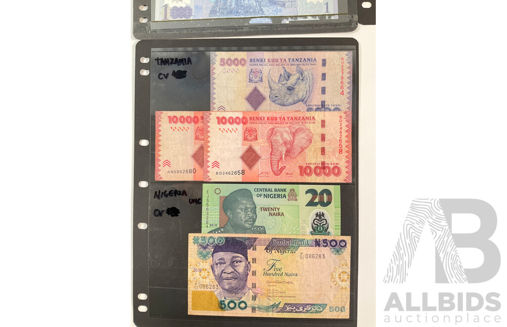 Collection of African Banknotes Including Zambia, Tanzania, Nigeria, Somalia, Zimbabwe, South Africa, Sierra Leone, Libya, UNC and Consecutive