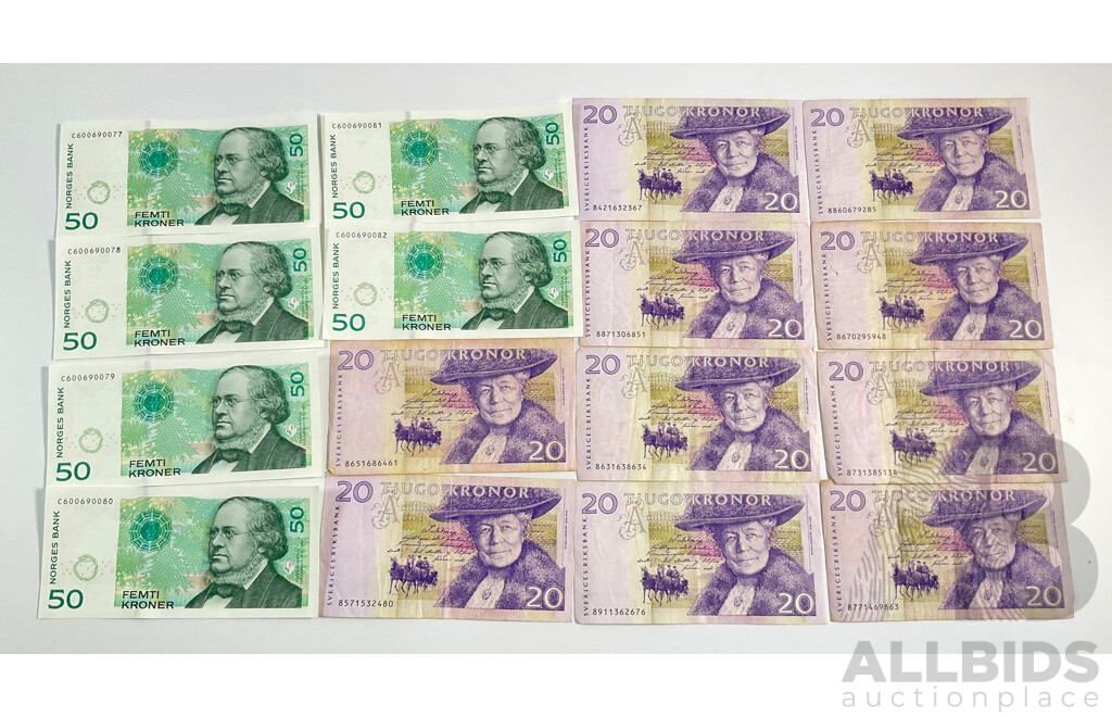 Six Norway Consecutive Fifty Kroner Banknotes with Ten Swedish Twenty Kroner Notes