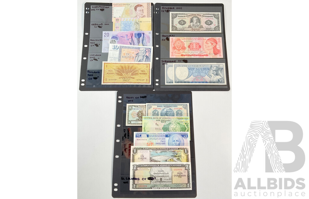 Collection of Vintage International Banknotes, Mostly UNC Including Kyrgyzstan, Ukraine, Maldives, Iceland, Finland, Ecuador, Honduras, Suriname, Haiti, Vanuatu, Barbados, El Salvador