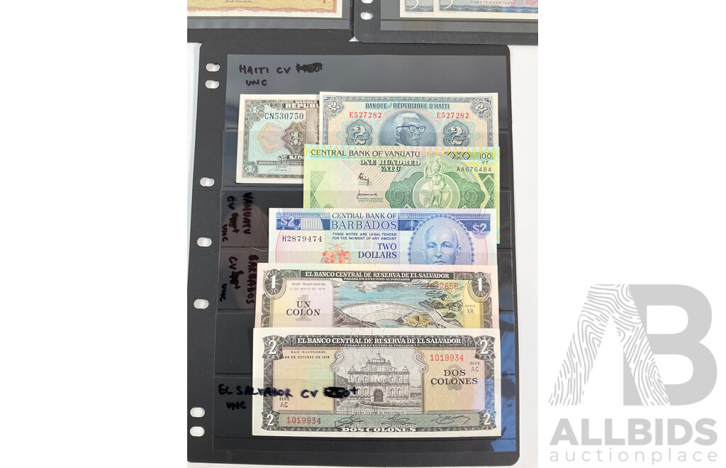 Collection of Vintage International Banknotes, Mostly UNC Including Kyrgyzstan, Ukraine, Maldives, Iceland, Finland, Ecuador, Honduras, Suriname, Haiti, Vanuatu, Barbados, El Salvador