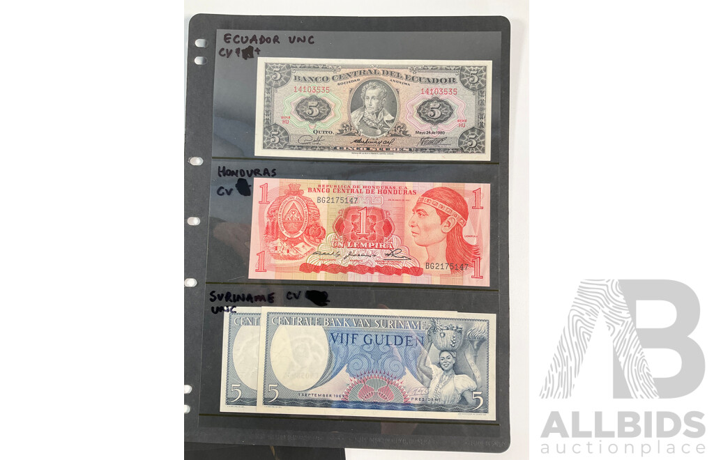 Collection of Vintage International Banknotes, Mostly UNC Including Kyrgyzstan, Ukraine, Maldives, Iceland, Finland, Ecuador, Honduras, Suriname, Haiti, Vanuatu, Barbados, El Salvador