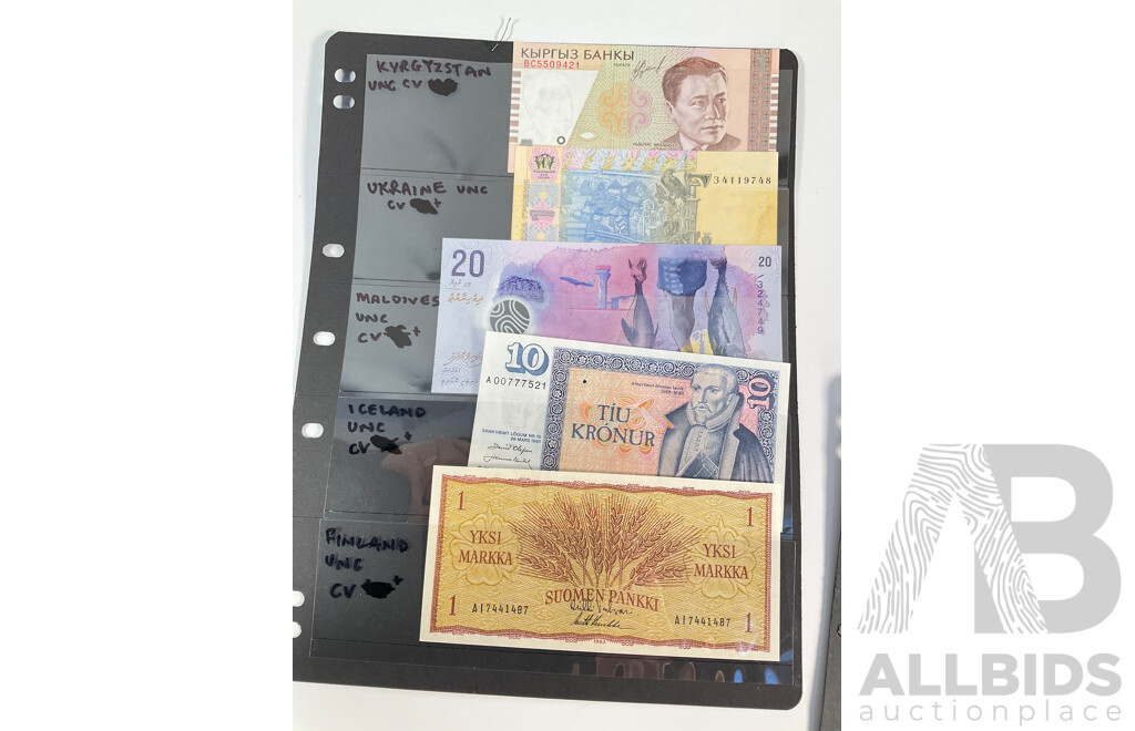Collection of Vintage International Banknotes, Mostly UNC Including Kyrgyzstan, Ukraine, Maldives, Iceland, Finland, Ecuador, Honduras, Suriname, Haiti, Vanuatu, Barbados, El Salvador