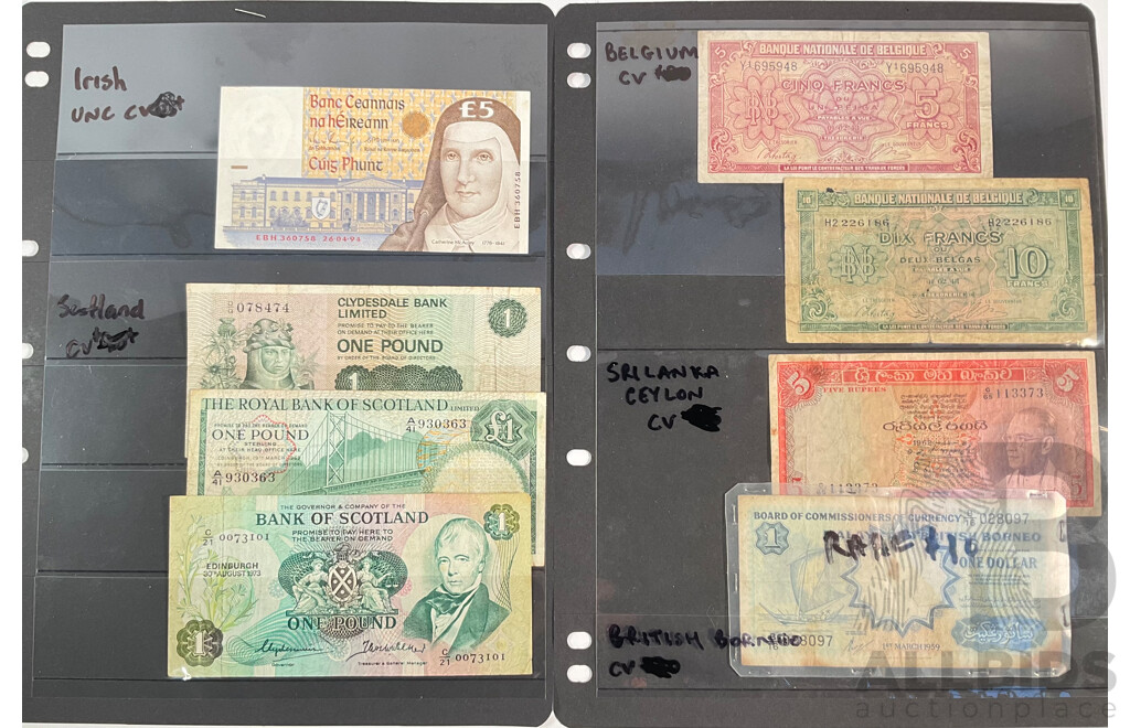 Collection of Vintage Banknotes Including British Borneo, Sri Lanka, Belgium, Scotland, Ireland