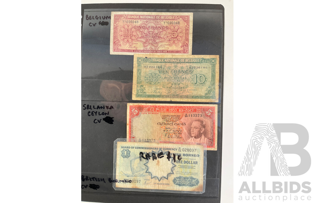 Collection of Vintage Banknotes Including British Borneo, Sri Lanka, Belgium, Scotland, Ireland