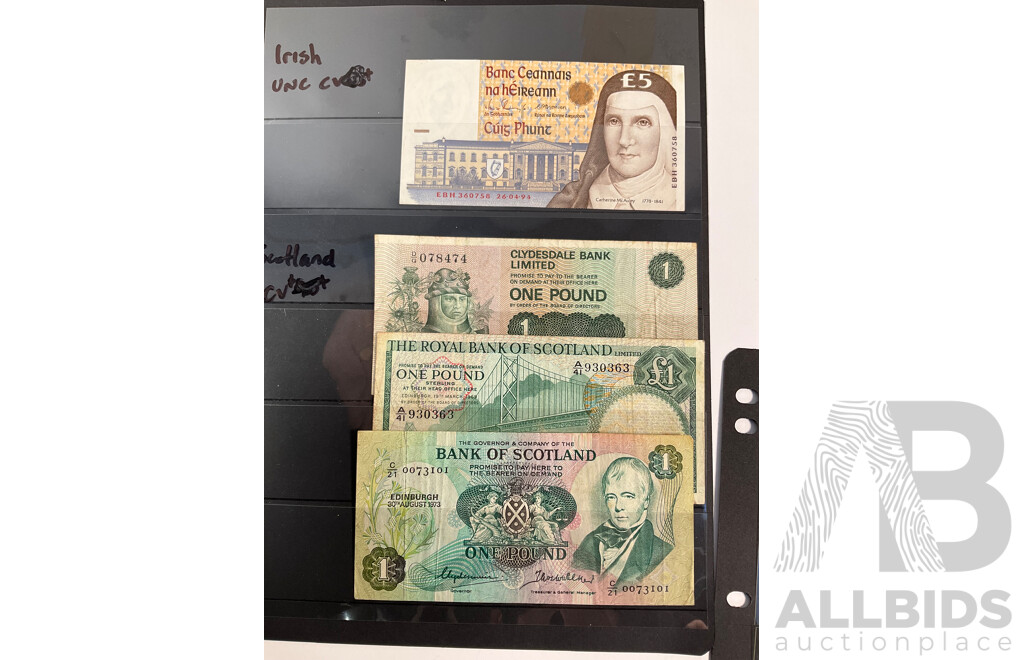 Collection of Vintage Banknotes Including British Borneo, Sri Lanka, Belgium, Scotland, Ireland