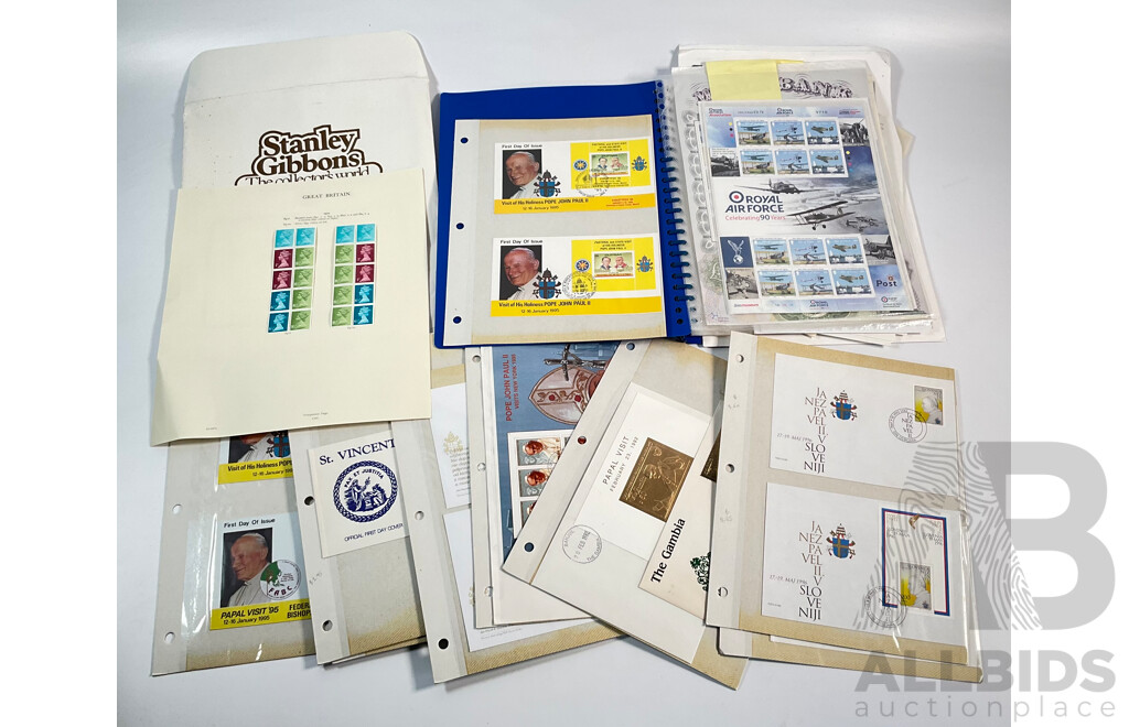 Isle of Man Stamp Sheets Including 2002 Jubilee Sheet, Limited Edition QE2 Sheet, Royal Air Force 90 Years Sheet with Prepaid Envelopes and Good Collection of 1990's Pope John Paul II First Day Covers