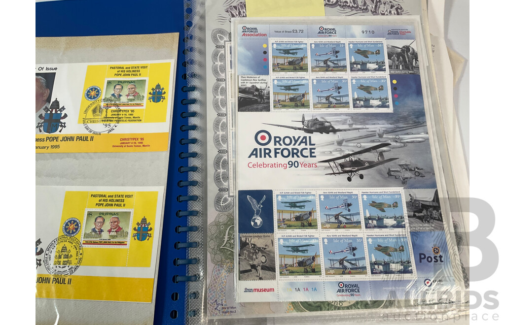 Isle of Man Stamp Sheets Including 2002 Jubilee Sheet, Limited Edition QE2 Sheet, Royal Air Force 90 Years Sheet with Prepaid Envelopes and Good Collection of 1990's Pope John Paul II First Day Covers