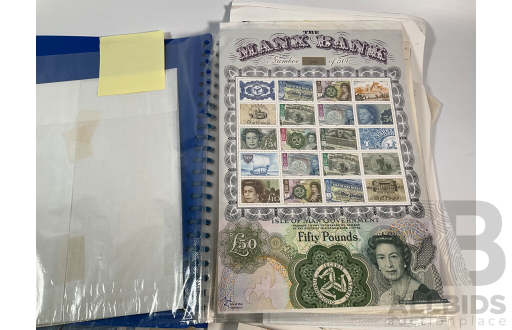 Isle of Man Stamp Sheets Including 2002 Jubilee Sheet, Limited Edition QE2 Sheet, Royal Air Force 90 Years Sheet with Prepaid Envelopes and Good Collection of 1990's Pope John Paul II First Day Covers
