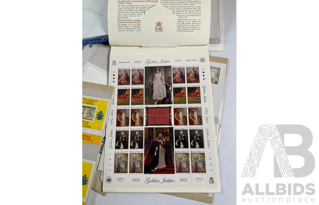 Isle of Man Stamp Sheets Including 2002 Jubilee Sheet, Limited Edition QE2 Sheet, Royal Air Force 90 Years Sheet with Prepaid Envelopes and Good Collection of 1990's Pope John Paul II First Day Covers