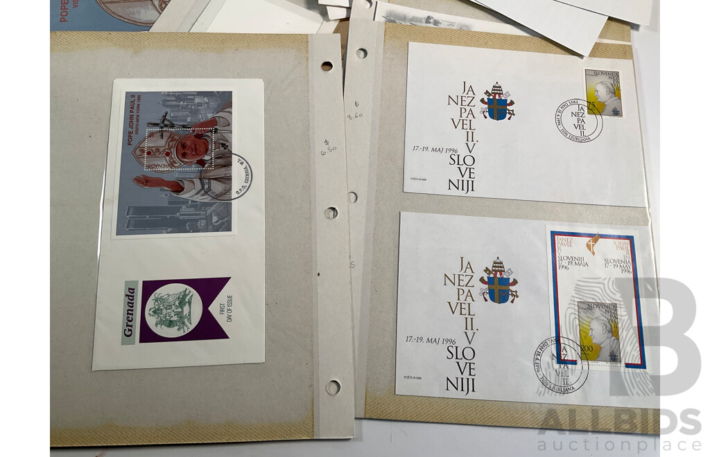 Isle of Man Stamp Sheets Including 2002 Jubilee Sheet, Limited Edition QE2 Sheet, Royal Air Force 90 Years Sheet with Prepaid Envelopes and Good Collection of 1990's Pope John Paul II First Day Covers