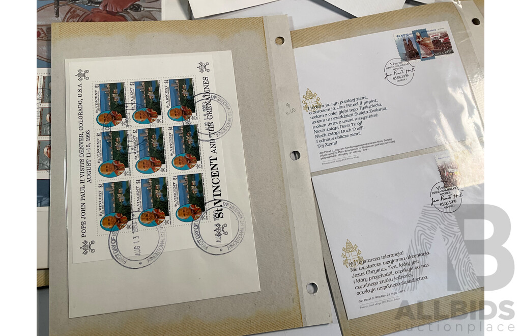 Isle of Man Stamp Sheets Including 2002 Jubilee Sheet, Limited Edition QE2 Sheet, Royal Air Force 90 Years Sheet with Prepaid Envelopes and Good Collection of 1990's Pope John Paul II First Day Covers
