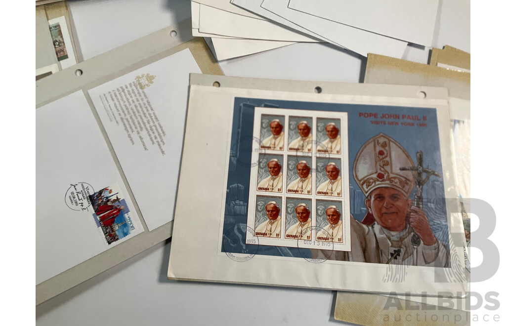 Isle of Man Stamp Sheets Including 2002 Jubilee Sheet, Limited Edition QE2 Sheet, Royal Air Force 90 Years Sheet with Prepaid Envelopes and Good Collection of 1990's Pope John Paul II First Day Covers