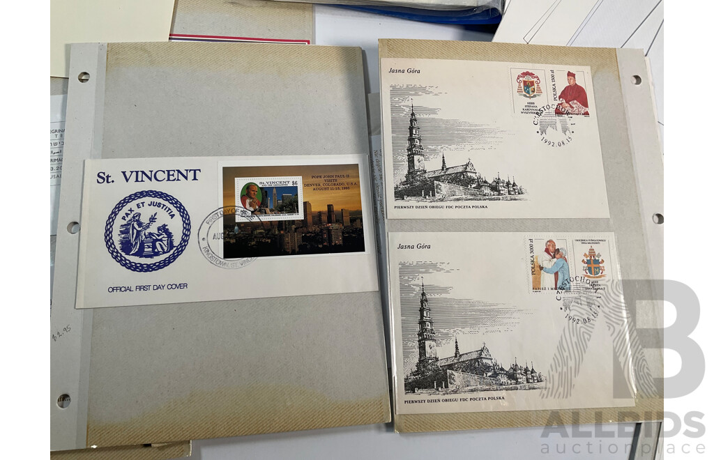 Isle of Man Stamp Sheets Including 2002 Jubilee Sheet, Limited Edition QE2 Sheet, Royal Air Force 90 Years Sheet with Prepaid Envelopes and Good Collection of 1990's Pope John Paul II First Day Covers
