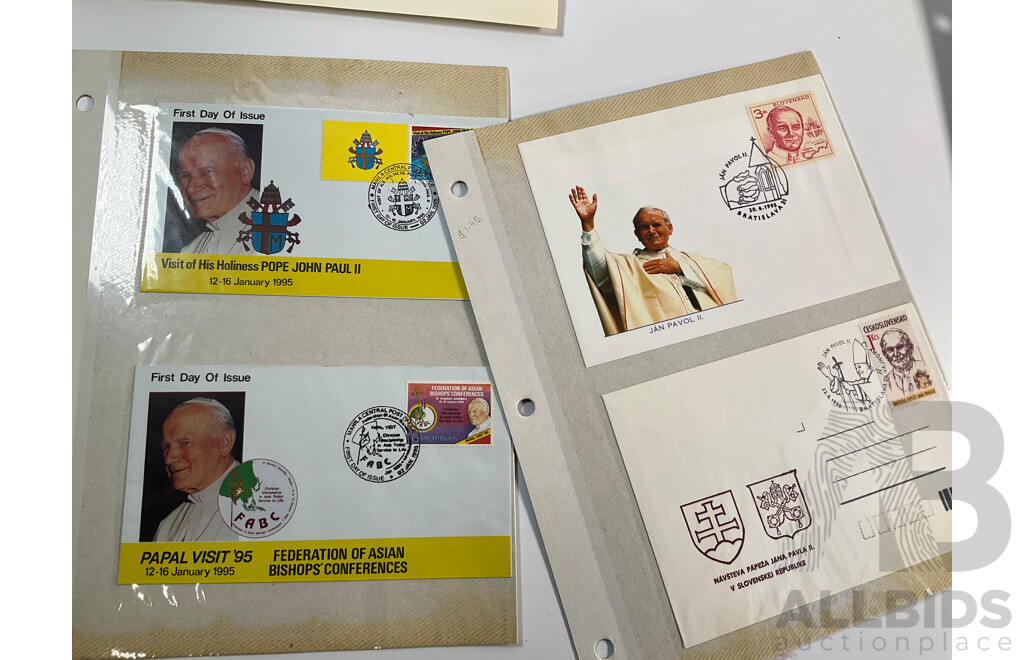 Isle of Man Stamp Sheets Including 2002 Jubilee Sheet, Limited Edition QE2 Sheet, Royal Air Force 90 Years Sheet with Prepaid Envelopes and Good Collection of 1990's Pope John Paul II First Day Covers