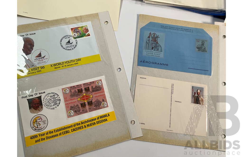 Isle of Man Stamp Sheets Including 2002 Jubilee Sheet, Limited Edition QE2 Sheet, Royal Air Force 90 Years Sheet with Prepaid Envelopes and Good Collection of 1990's Pope John Paul II First Day Covers